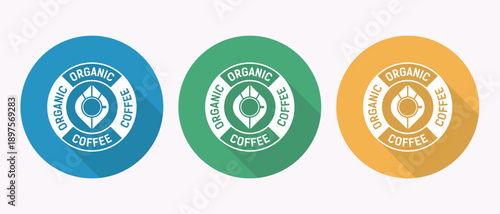 Three circular badges with organic coffee text and leaf on white background