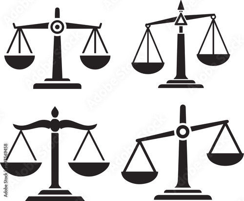 Justice Scale Icon Set – Vintage Balance Scales Flat Vector Illustration