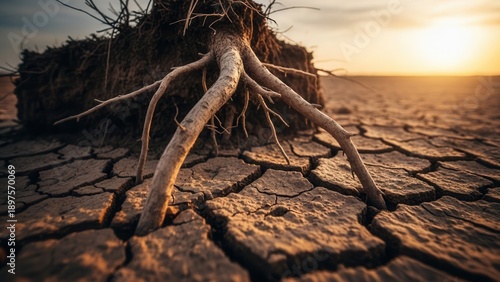 Resilience Of Nature Symbolized By Exposed Roots On Cracked Arid Earth