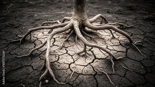 Resilient Roots Unearthing Survival in Arid Cracked Earth Symbolizing Strength