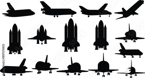Space shuttle and aircraft silhouettes collection isolated on white background, aerospace transportation vehicles black vector illustration set design