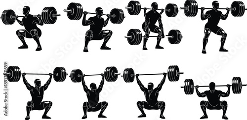 Silhouettes of barbell weightlifting poses, squat and snatch technique, strength training illustration, fitness movement, gym exercise