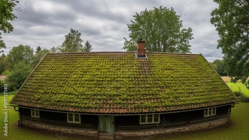 Rustic Gable Roof Covered In Lush Green Moss With Chimney And Surrounding Trees
