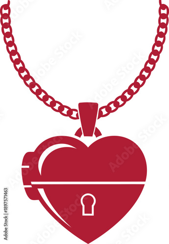 Red heart shaped locket necklace with lock and chain