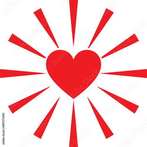 A vibrant red heart with radiating lines on a white background symbolizing love and energy