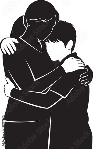 A black clad figure embracing another person from behind in a mysterious and intriguing scene