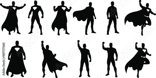 Superhero silhouette illustration, black vector icons, heroic poses, cape figures, comic style, powerful stance, action character design