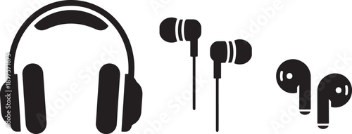 Audio Device Icon Set – Headphones, Wired Earphones, and Wireless Earbuds Silhouettes