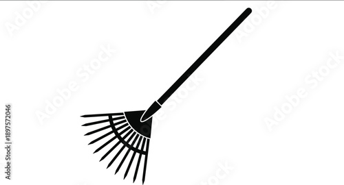 rake, leaf, silhouette, gardening, tool, black, white, icon, illustration, vector, design, symbol, fan-shaped, tines, cleanup, yard, equipment, diagonal, outdoor, debris