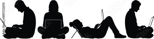 laptop, user, silhouette, posture, gesture, black, white, icon, illustration, vector, design, symbol, seated, reclined, casual, digital, device, relaxed, informal, technology, interaction