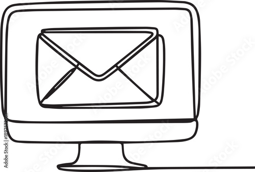 Simple line illustration of a computer monitor displaying an envelope on its screen in a minimalist style