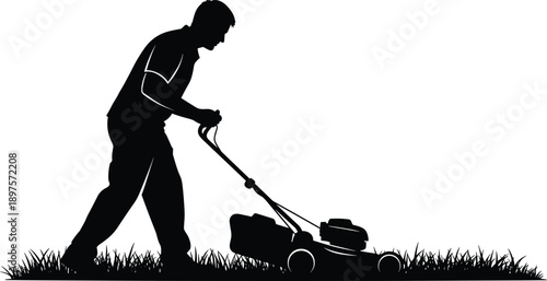 lawn, mowing, silhouette, posture, gesture, black, white, icon, illustration, vector, design, symbol, grass, chore, maintenance, push, tool, yard, outdoor, activity, equipment