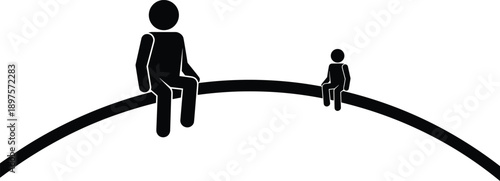 Silhouette of adult and child sitting, curved surface, black vector illustration, emotional connection, peaceful moment, relationship theme, minimal design, abstract family bond, quiet reflection