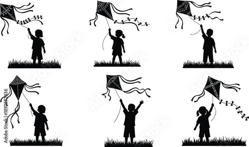 Silhouettes of children flying kites, outdoor playtime, joyful movement, grassy field, black vector illustration, childhood activity, kite shapes, playful poses, wind, freedom, fun