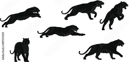 Six black panther silhouettes in various dynamic poses big cat wild animal predator