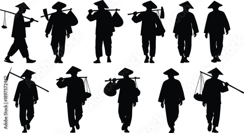 Silhouettes of traditional Asian workers, conical hats, shoulder poles, manual labor, rural lifestyle, farming tools, walking poses, black vector illustration, cultural heritage, agriculture