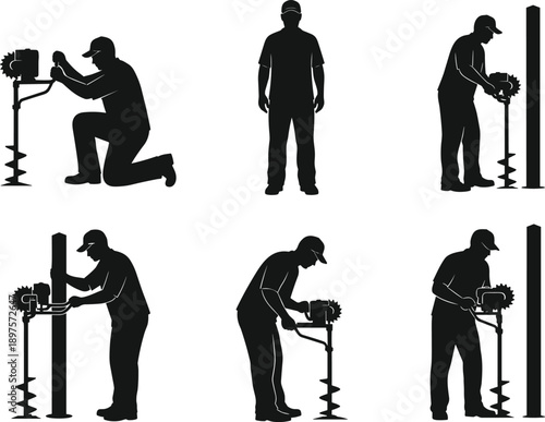 Silhouettes of worker using power auger, drilling into ground, construction tool operation, safety posture, black vector illustration, landscaping equipment, manual labor, outdoor work