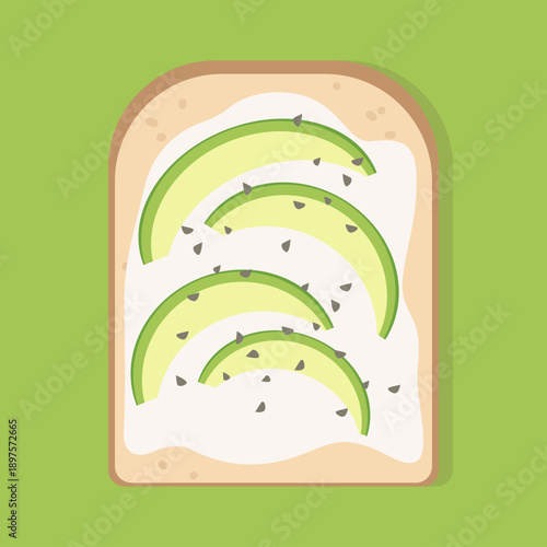 Organic snack avocado toast on whole grain bread with balck sesame seeds for breakfast menu, vector illustration isolated