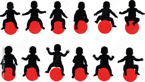 Babies balancing on exercise ball silhouettes, infant coordination and motor skill development, playful movement, early learning activity, black and red illustration