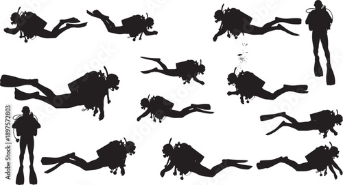 Set of black silhouettes featuring diverse martial arts athletes performing karate kicks punches and combat stances isolated on white background for sport and self defense