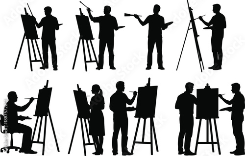 PrintSilhouettes of painters at easels, creative artists painting on canvas, brush and palette in hand, standing and sitting poses, black vector illustration, artistic expression