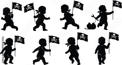 Baby pirate silhouette adventure set, playful toddler holding skull flag and treasure tools, childhood imagination and fantasy illustration isolated on white background