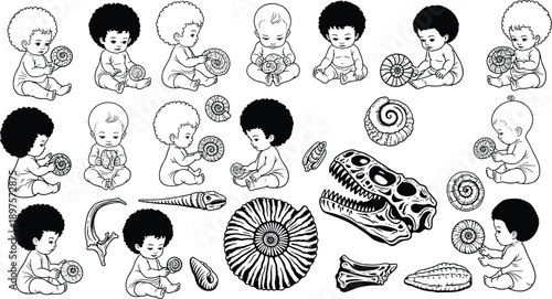 Baby illustration set with fossils and shells, black and white child drawings, scientific curiosity concept, hand drawn vintage style art