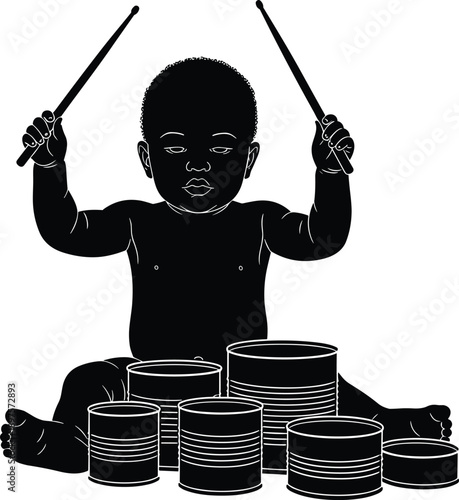 Baby playing drums silhouette illustration, infant exploring rhythm and music, early creativity development, childhood talent, sound learning, black silhouette art