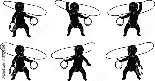 Baby playing with hula hoop silhouettes, infant movement coordination activity, balance development, playful exercise, childhood motor skills, black silhouette illustration