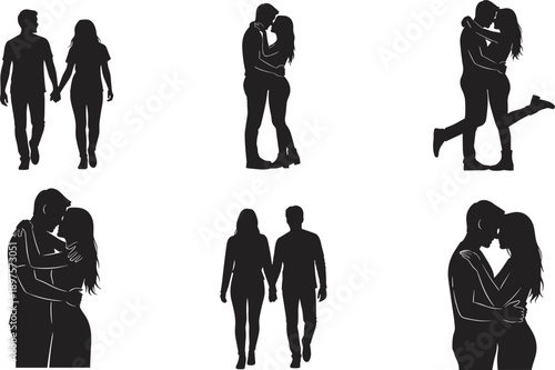 Romantic Couple Silhouette Vector Set Featuring Men and Women Walking Holding Hands and Hugging for Valentines Day Weddings Relationships and Love Graphic Design Projects