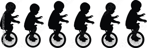 Baby riding unicycle silhouettes, infant balance and coordination development, learning new skills, childhood growth stages, playful motion, black silhouette illustration