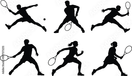 Tennis player silhouette, action pose, racket sport, athletic movement, dynamic stance, black graphic, sports icon, competitive game, minimal design, motion