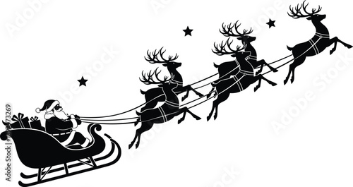 Santa Claus sleigh silhouette, flying reindeer team with gifts, Christmas holiday night scene, cad drawing, flat vector illustration