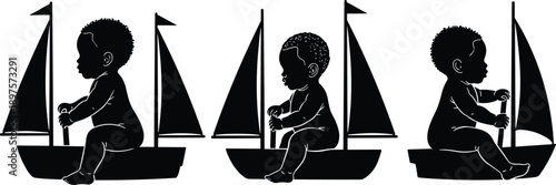 Baby sailing toy boat silhouettes, infant imaginative play and exploration, childhood adventure concept, creativity development, nautical play, black silhouette illustration