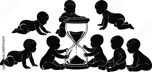 Baby silhouette exploring hourglass, toddler curiosity and time concept poses, childhood growth and life stages illustration isolated on white background