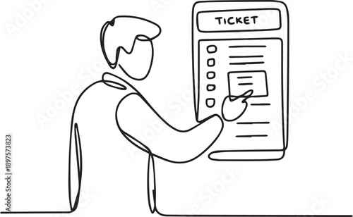 Man viewing a large ticket with multiple sections and checkboxes in a simple line art style