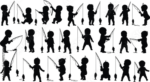Baby silhouette fishing poses set, playful toddler holding fishing rod and fish, childhood leisure activity illustration isolated on white background