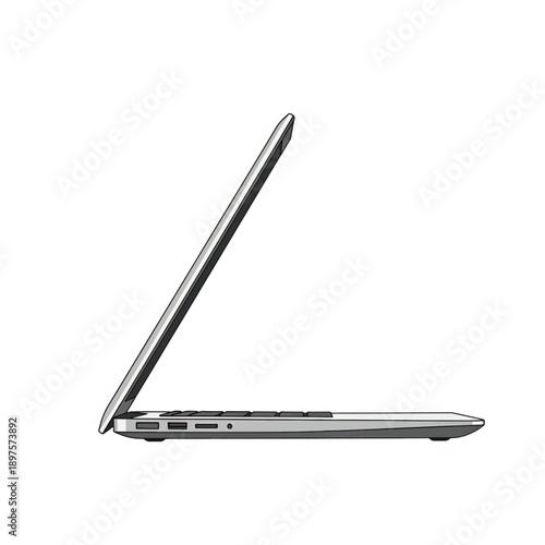 Partially open slim laptop side profile showing hinge and thin aluminum chassis.