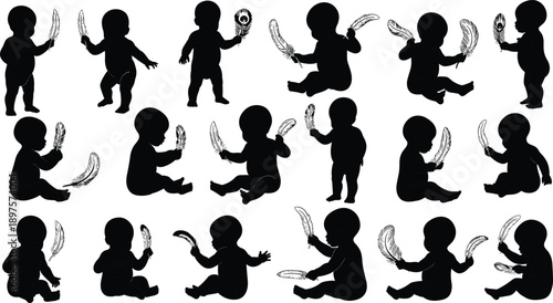 Baby silhouette illustration set holding feathers, gentle childhood curiosity concept, minimalist black and white infant poses, isolated vector artwork