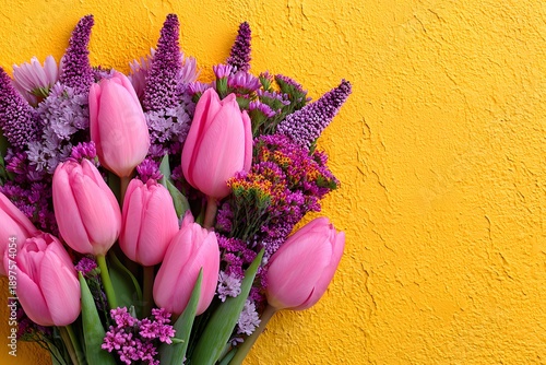 Vibrant Tulip and Wildflower Bouquet Against Textured Yellow Background for Spring Decor