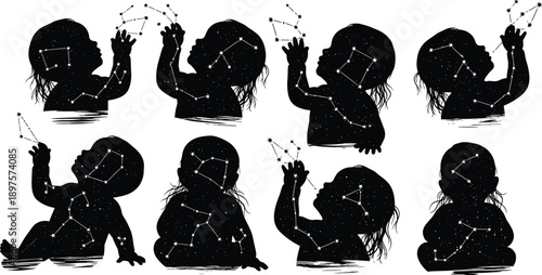 Baby silhouette illustration set with star constellations, dreamy night sky concept, child imagination and astrology theme, isolated vector artwork