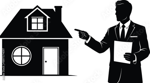 Real estate agent pointing at house, property sale concept, realtor with document silhouette, home buying service, cad drawing, flat vector illustration