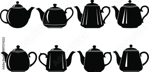 Teapot silhouette collection, vintage design, black icons, classic shapes, kitchenware illustration, elegant spouts, handle variety, lid styles, decorative layout, symmetrical grid, retro kitchen