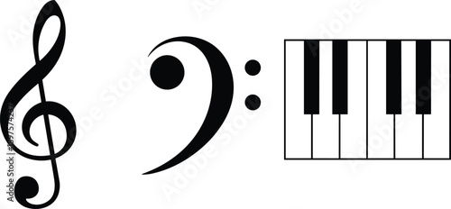 Music symbols illustration, treble clef bass clef piano keyboard, black and white musical notation icons, minimalist sound design concept art
