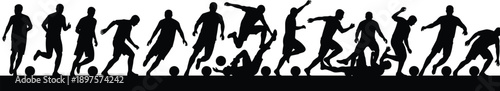 Soccer player motion sequence silhouettes, football dribbling action, athletic movement timeline, sports training concept, isolated black figures illustration