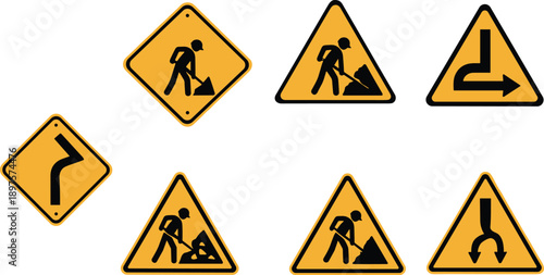 Yellow Road Warning Signs Set. Construction and Traffic Symbol Vector Collection.