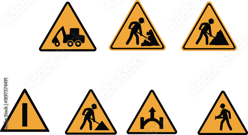 Road Work and Construction Warning Signs Vector Icons Set