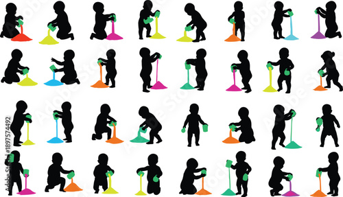 Baby silhouette playing with colorful slime, toddler sensory play and pouring poses, childhood creativity and motor skills illustration isolated on white background