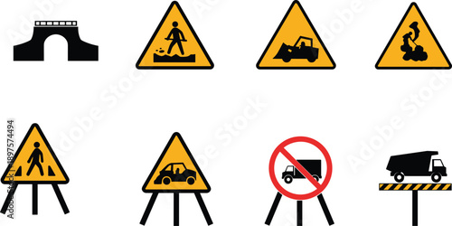 Road Construction and Traffic Warning Signs Vector Set