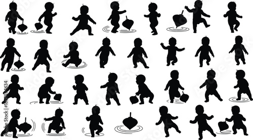 Baby silhouette playing with spinning top toy, toddler movement and balance poses, childhood play and motor skills illustration isolated on white background